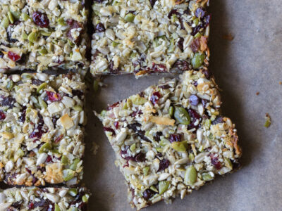 chewy granola bar on parchment paper
