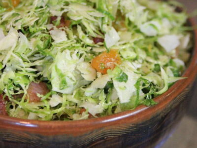 shaved brussels sprouts salad in bowl