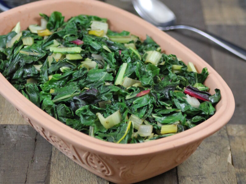 braised chard in brown dish