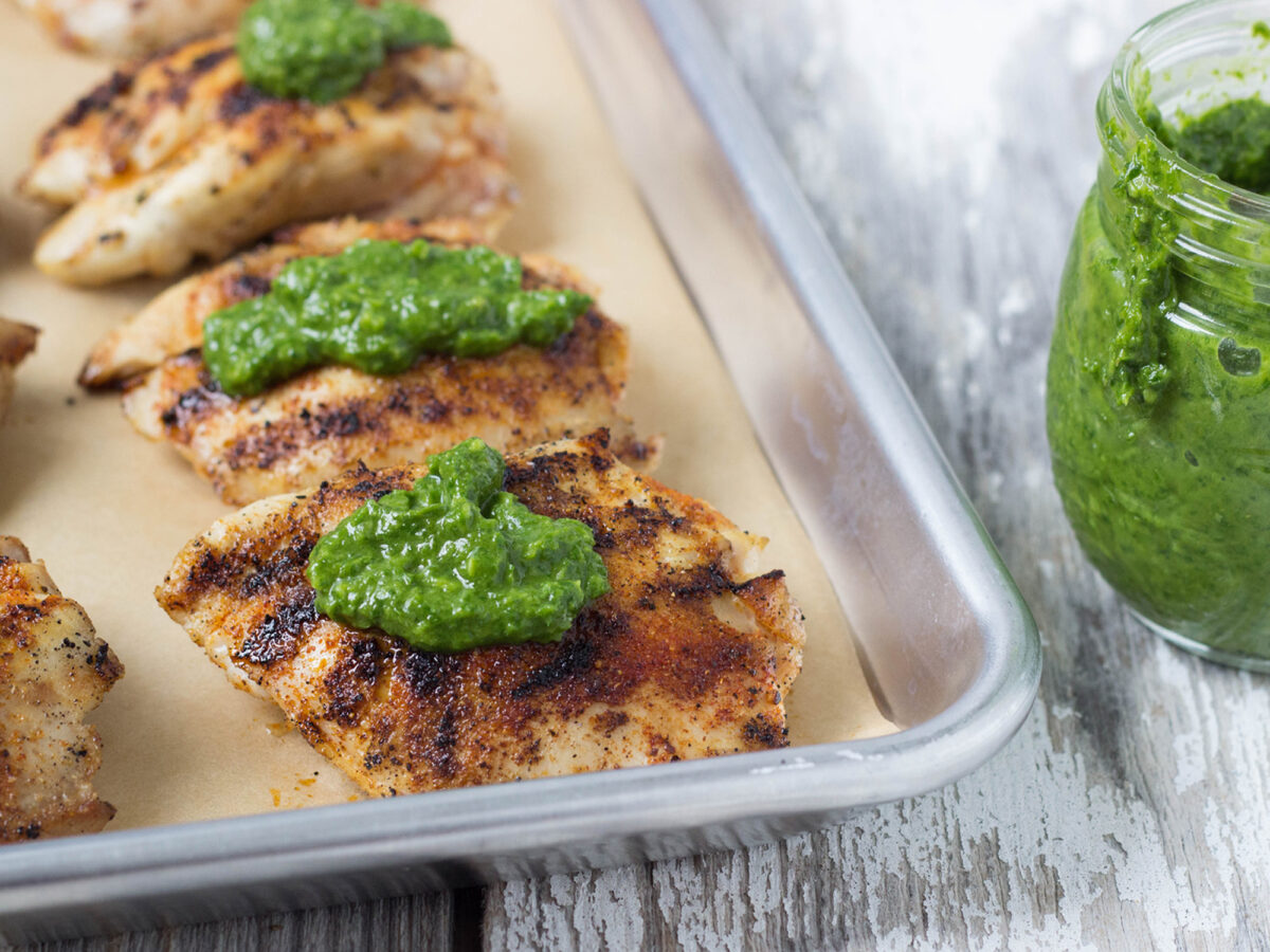 Barbecue Chicken Thighs with Arugula Pesto