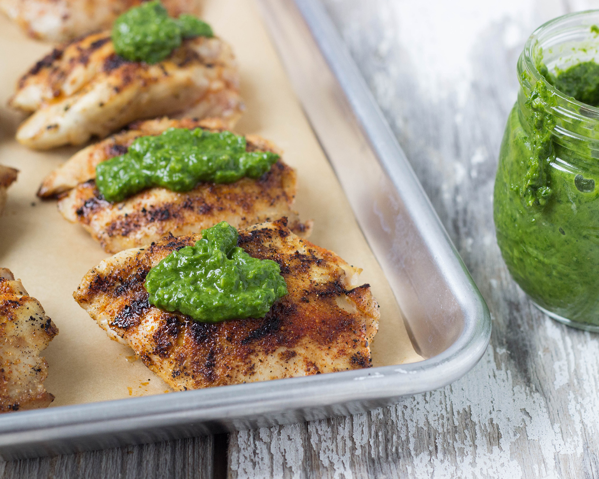 Barbecue Chicken Thighs with Arugula Pesto