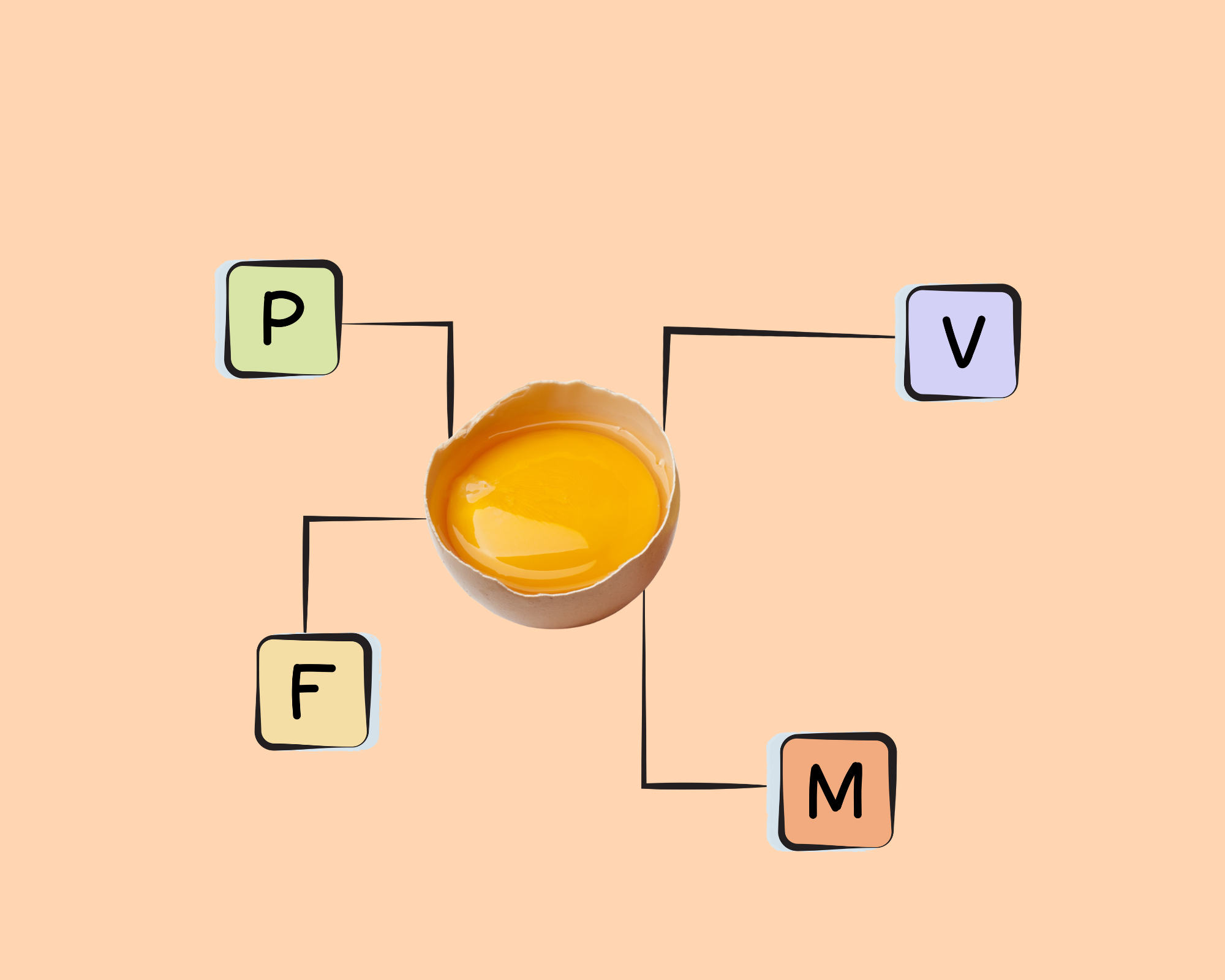 A single vibrant egg yolk in a broken shell with diagrammatic labels indicating nutrients