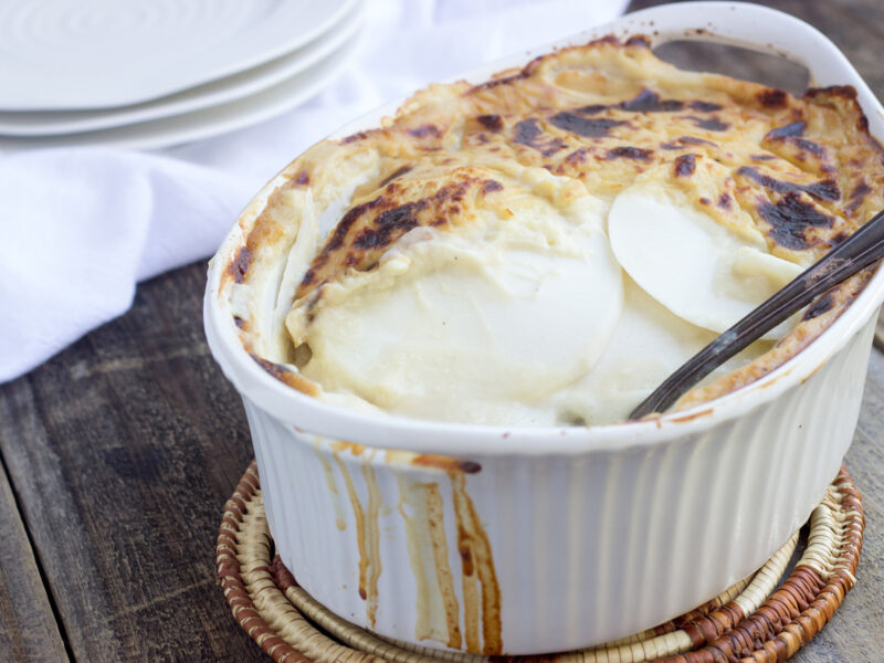 Large oval deep dish casserole with Scalloped Turnips.