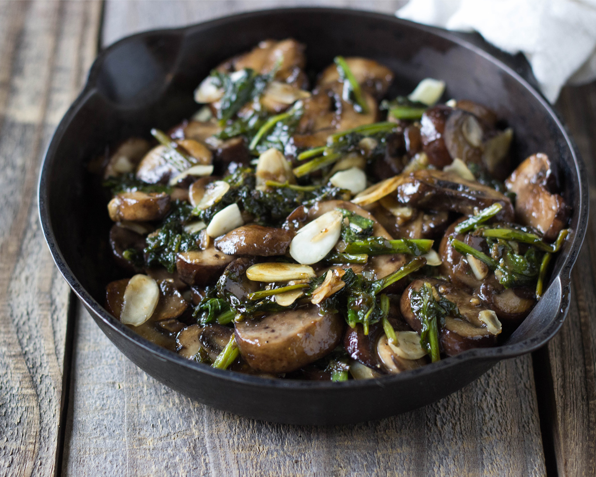 Stir-Fried Turnip Greens with Mushrooms and Almonds