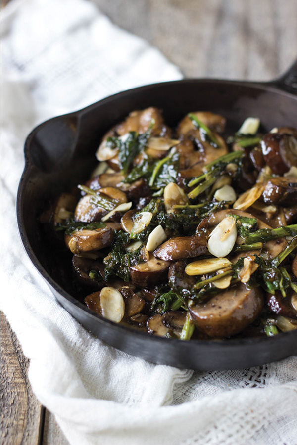 Stir-Fried Turnip Greens with Mushrooms and Almonds