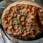 Four Bean Cassoulet in a light blue Dutch oven