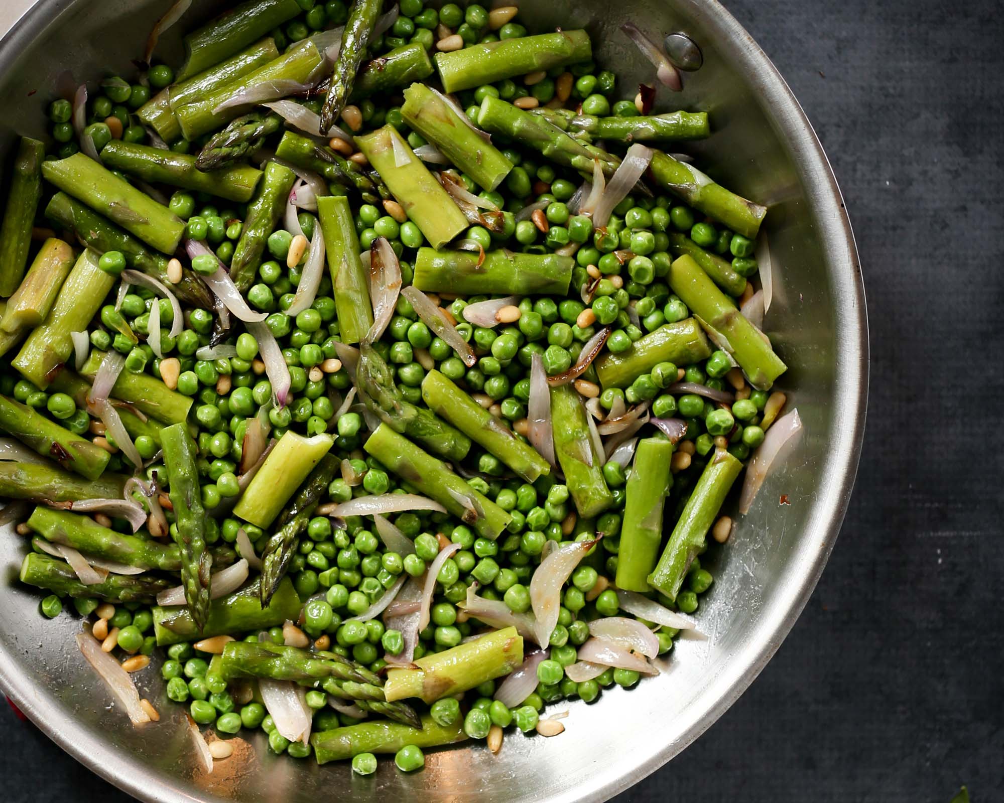 Asparagus with Fresh Peas and Pine Nuts