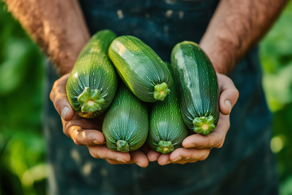 An image of someone harvesting zucchini from a garden.