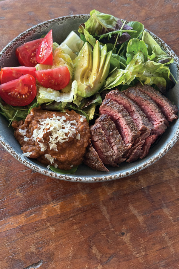 Steak Salad Bowl with Refried Beans and Lime Vinaigrette