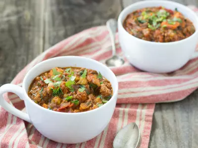 pumpkin chili in white bowl