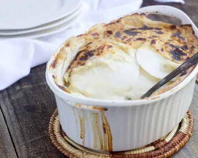 Large oval deep dish casserole with Scalloped Turnips.