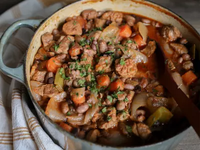 Four Bean Cassoulet in a light blue Dutch oven